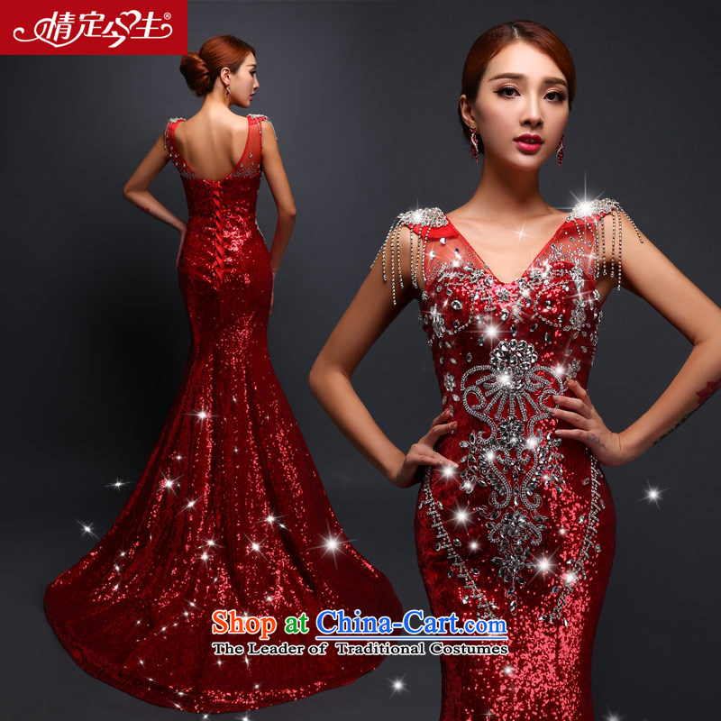 Love of the overcharged by 2015 new bride services on-chip bows crowsfoot tail autumn and winter new banquet dress wedding V-Neck Diamond red XL, love of the overcharged shopping on the Internet has been pressed.