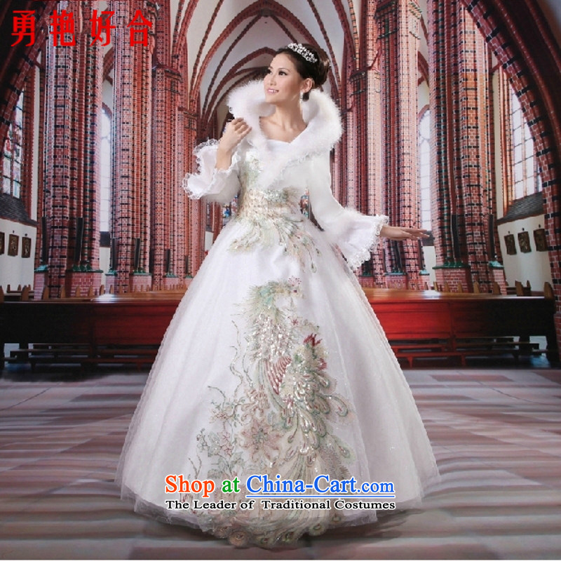 Yong-yeon and 2015 New autumn and winter wedding dress winter long-sleeved gross collar for winter wedding warm wedding dresses 4014 White XXL
