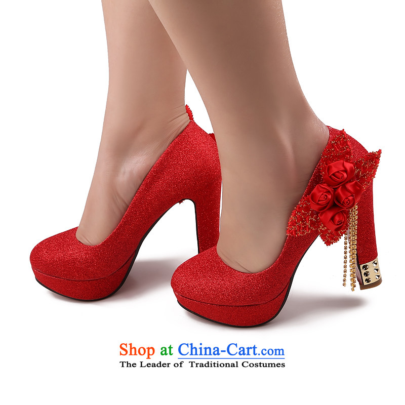 Lisa Philip Yung fall very sweet flowers or port marriage shoes round head shoes with fine Ladies Footwear High Heels click shoes national package mail 37 Red 12 cm high, love so Peng (AIRANPENG) , , , shopping on the Internet