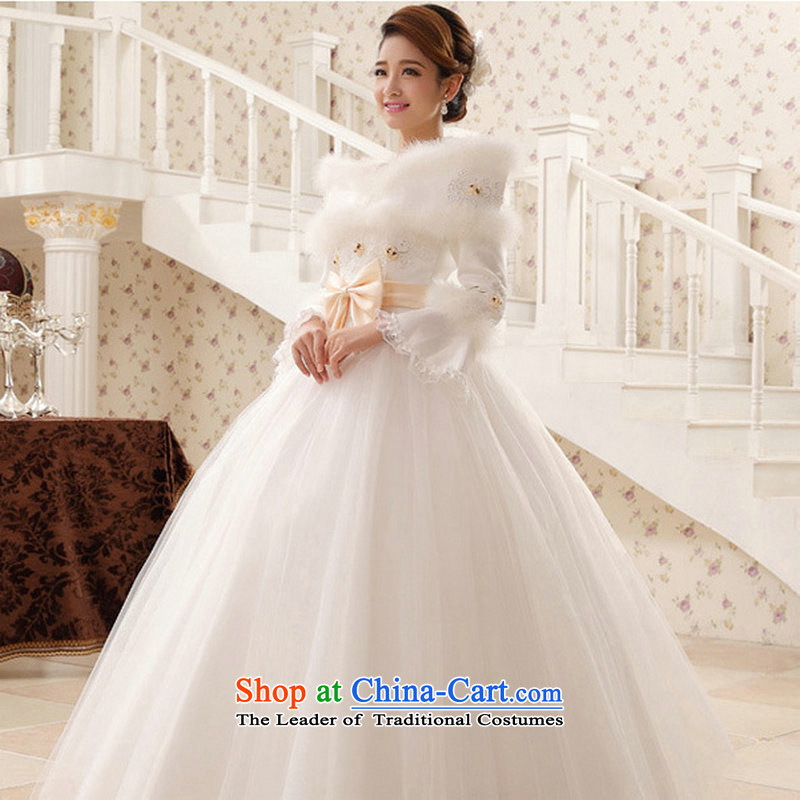 Optimize video winter new long-sleeved warm wedding Word 2014 shoulder high-end marriages white wedding dress QH5501 Princess Bon Bon  -hong has been pressed optimized White XL, online shopping