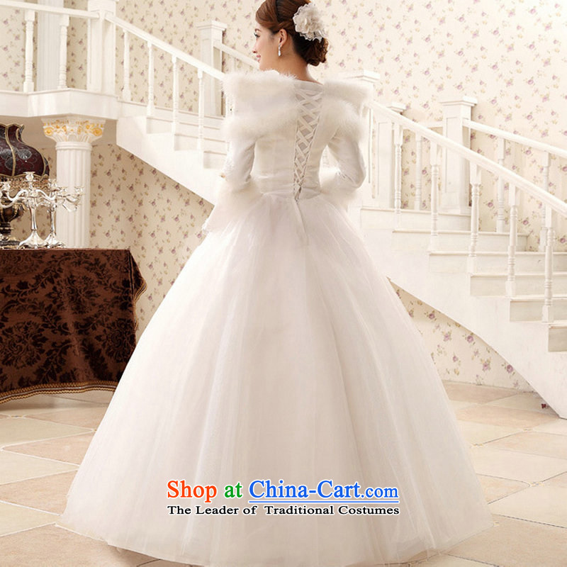 Optimize video winter new long-sleeved warm wedding Word 2014 shoulder high-end marriages white wedding dress QH5501 Princess Bon Bon  -hong has been pressed optimized White XL, online shopping