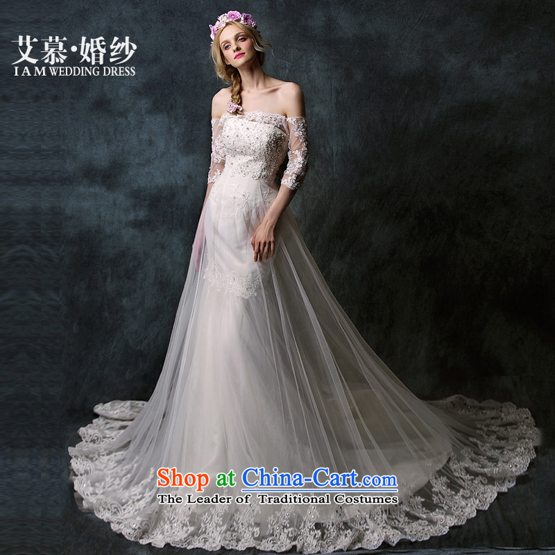 The 2015 new HIV and wipe the chest of a field shoulder lace long-sleeved crowsfoot tail wedding dresses ivory L