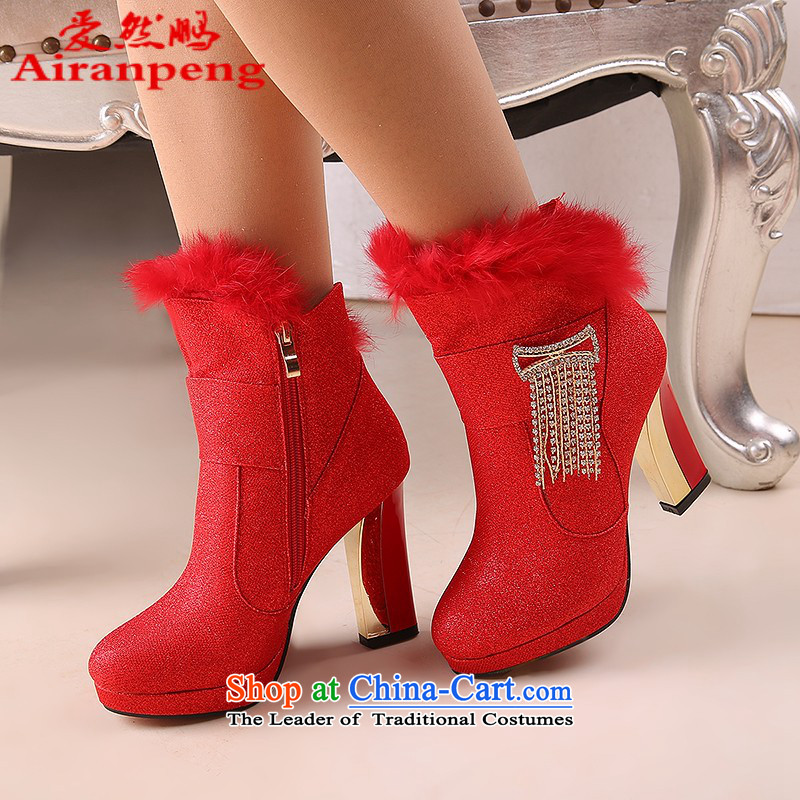 Marriage Women 2014 autumn and winter new bold with a pair of red high-cotton bootie snowshoeing bride shoes marriage shoes winter_?10-cm with?36