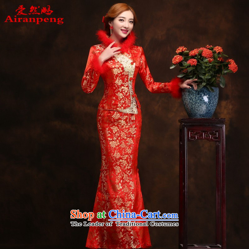 The 2014 autumn and winter new marriages cheongsam dress long red long-sleeved Sau San crowsfoot marriage qipao skirt XXL do not need to return