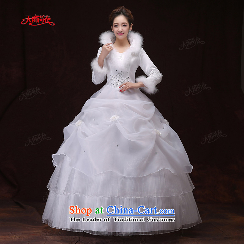 Rain-sang Yi marriages winter wedding white long-sleeved clip cotton diamond wedding hotel services dress large bows HS902 white L
