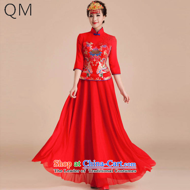 The end of the light _QM_ cheongsam wedding dresses marriage retro in improved bows long-sleeved bride longCTX QP84REDM