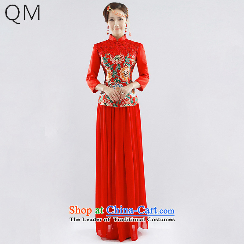 The end of the light _QM_ Xiangyun brocade coverlets gross for marriages bows service long-sleeved gown CTX QP-115 qipao redXL