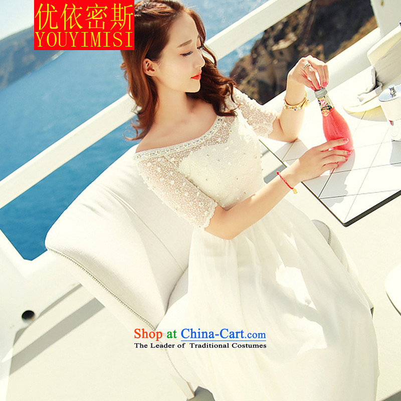 In accordance with the key, 2015 optimized lace chiffon dresses nail pearl bohemian long skirt video thin beachside resorts long skirt White M according to optimize key (YOUYIMISI) , , , shopping on the Internet