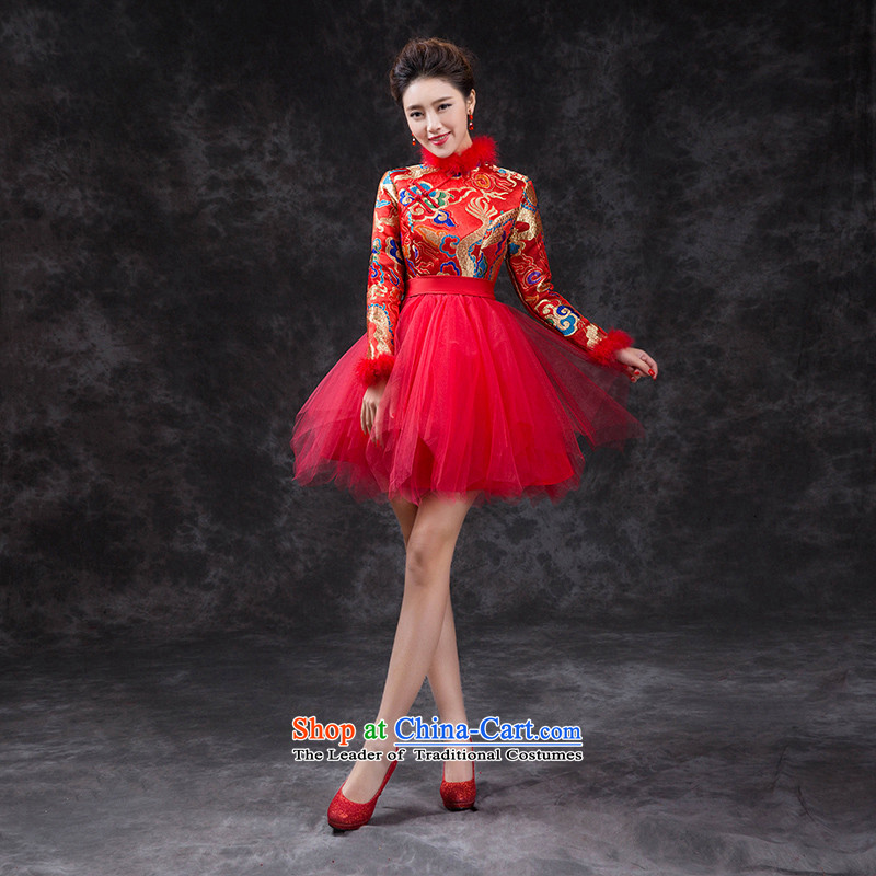 In accordance with the 2015 Jimmy Stphane new short of Qipao Chinese improved bride bows services stylish bride dress red dress redL