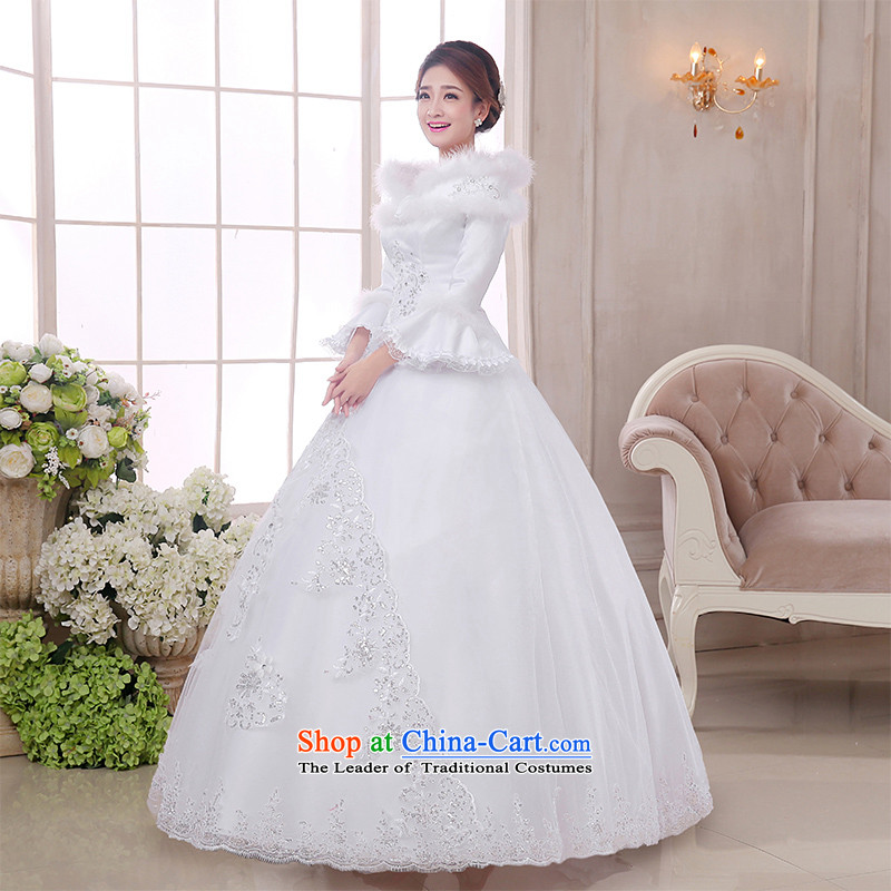 The knot true love of autumn and winter new wedding Korean Won-sweet to align the long-sleeved winter) Marriages video thin princess bon bon dress Warm wedding dress white long-sleeved to align the princess bon bon skirt L head glove Skirt holding three p