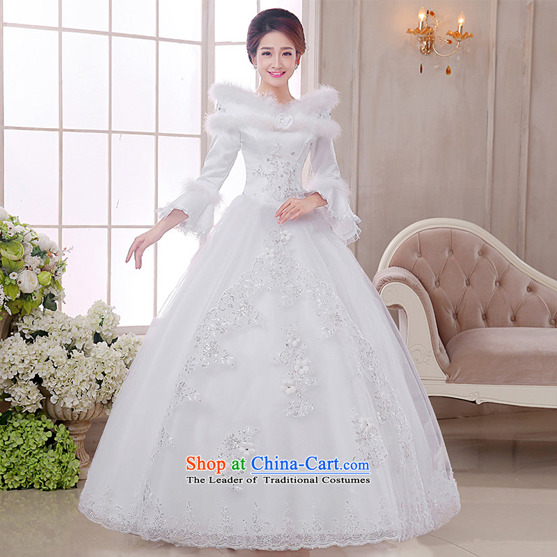 The knot true love of autumn and winter new wedding Korean Won-sweet to align the long-sleeved winter) Marriages video thin princess bon bon dress Warm wedding dress white long-sleeved to align the princess bon bon skirt L head glove Skirt holding three p