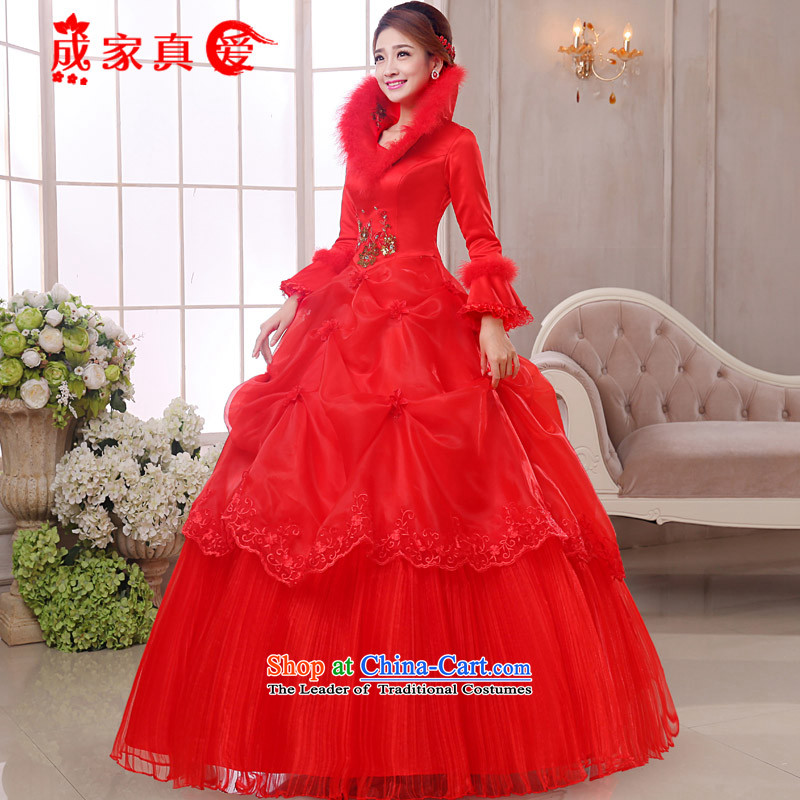 The knot true love red wedding dresses 2015 new winter Korean long-sleeved shoulders bride stylish wedding plus gross to align the wedding Red + 3-piece set XL, Chengjia True Love , , , shopping on the Internet