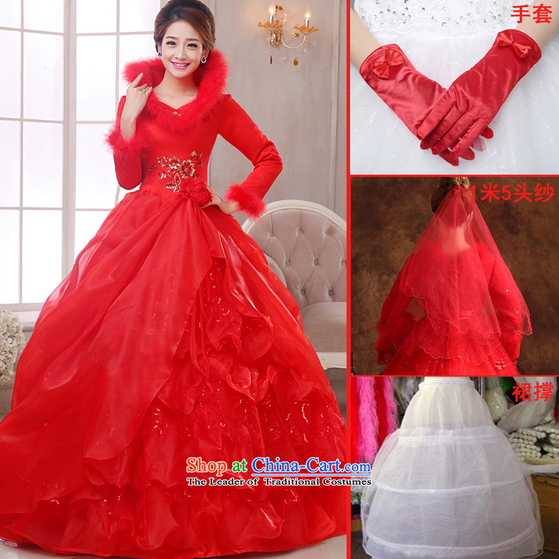 The knot of true love, wedding dresses winter 2015 new red shoulders a long-sleeved marriages to align the wedding plus gross fall thick red wedding + 3-piece set M