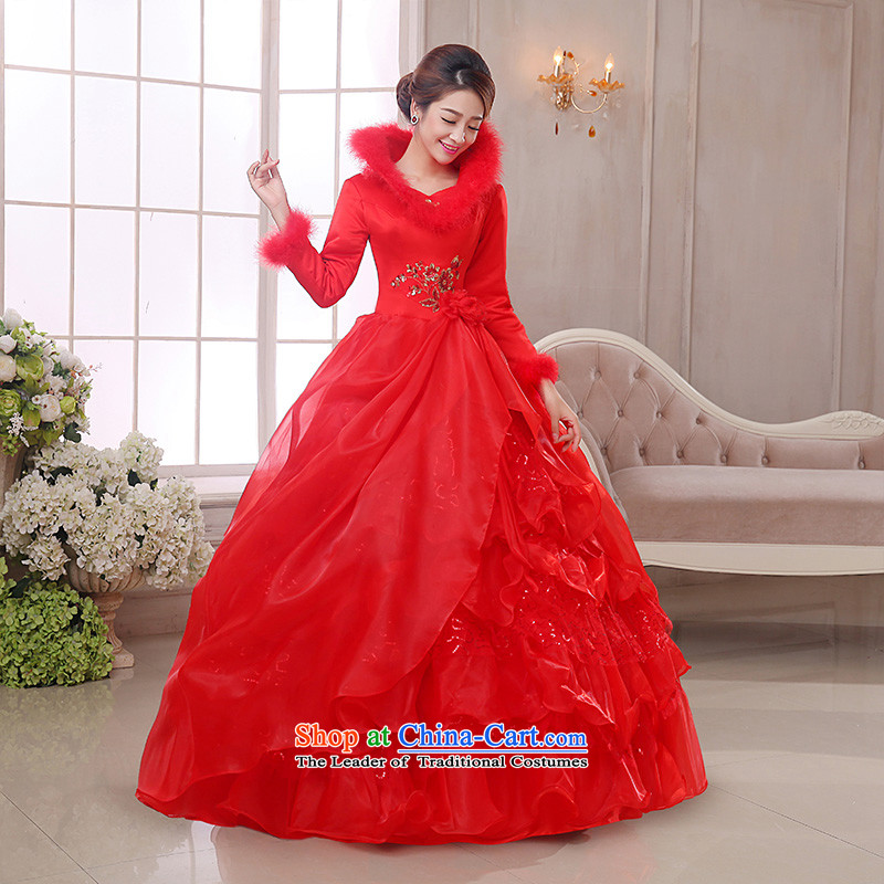 The knot of true love, wedding dresses winter 2015 new red shoulders a long-sleeved marriages to align the wedding plus gross fall thick red wedding + 3-piece set M Chengjia True Love , , , shopping on the Internet