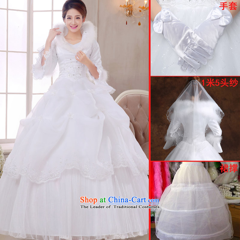The knot True Love 2015 new winter_ wedding dresses thick long-sleeved large video white clip cotton long-sleeved thin winter wedding thick white wedding + 3-piece setXXL