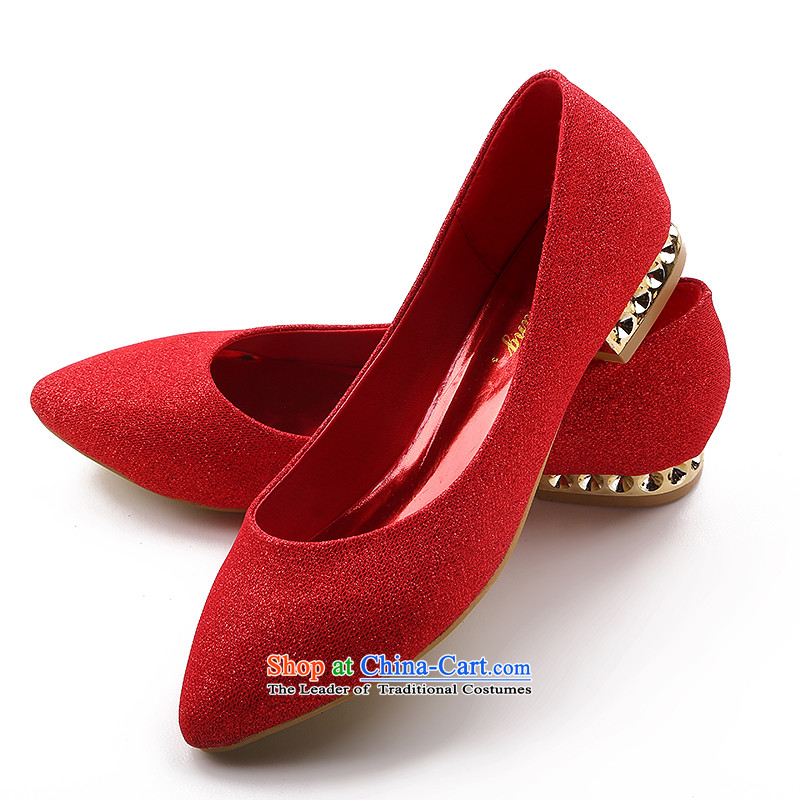 The dumping of the wedding dress shoes wedding new 2015 flat with large red single point shoes marriages bows marriage shoes matte Korean sweet festive red 37