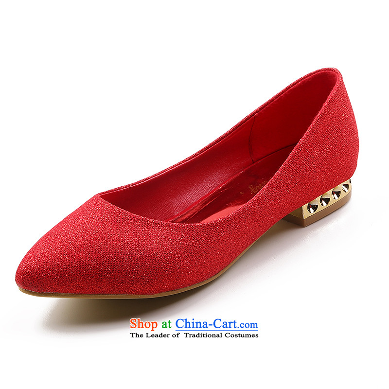 The dumping of the wedding dress shoes wedding new 2015 flat with large red single point shoes marriages bows marriage shoes matte Korean sweet festive red 37, dumping of wedding dress shopping on the Internet has been pressed.