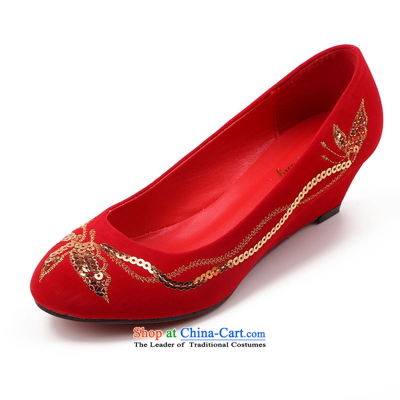 The dumping of the wedding dress shoes low rise with marriage large red new 2015 marriages bows marriage with on-chip shoes slope Red 39