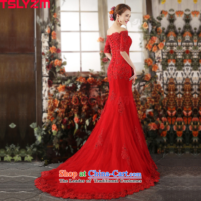 The word tslyzm shoulder crowsfoot wedding tail red autumn and winter 2015 new water drilling Foutune of Sau San video thin lace skirt female red m,tslyzm,,, shopping on the Internet