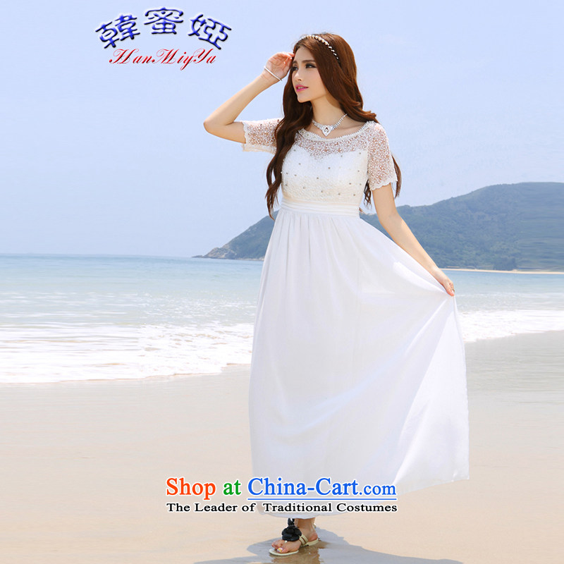Korea Honey Ah 2015 Summer Wedding dress beach nail pearl diamond dress long skirt DR90023 white?S