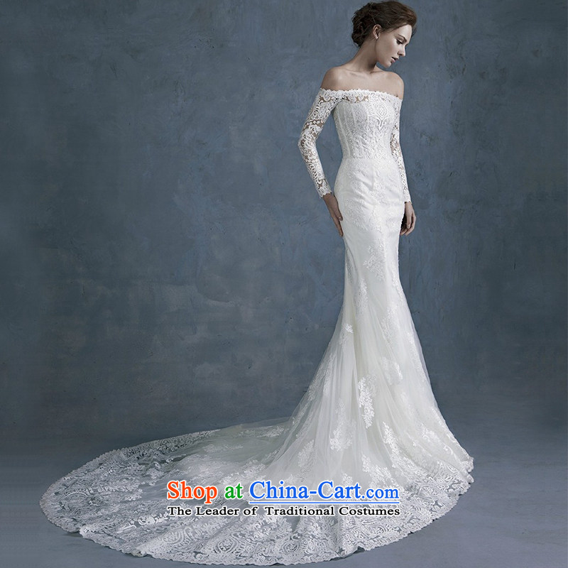 The spring and summer of 2015 New Stylish retro word shoulder long-sleeved lace Sau San foutune crowsfoot wedding dresses large tail strap M