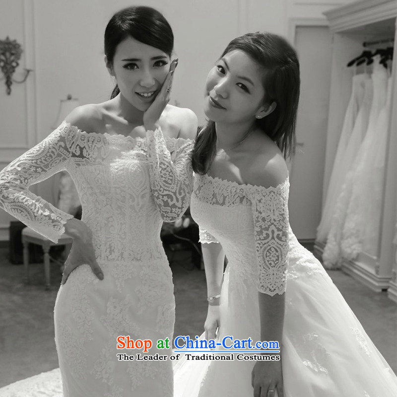The spring and summer of 2015 New Stylish retro word shoulder long-sleeved lace Sau San foutune crowsfoot wedding dresses large tail straps, M, plumbing, , , , shopping on the Internet