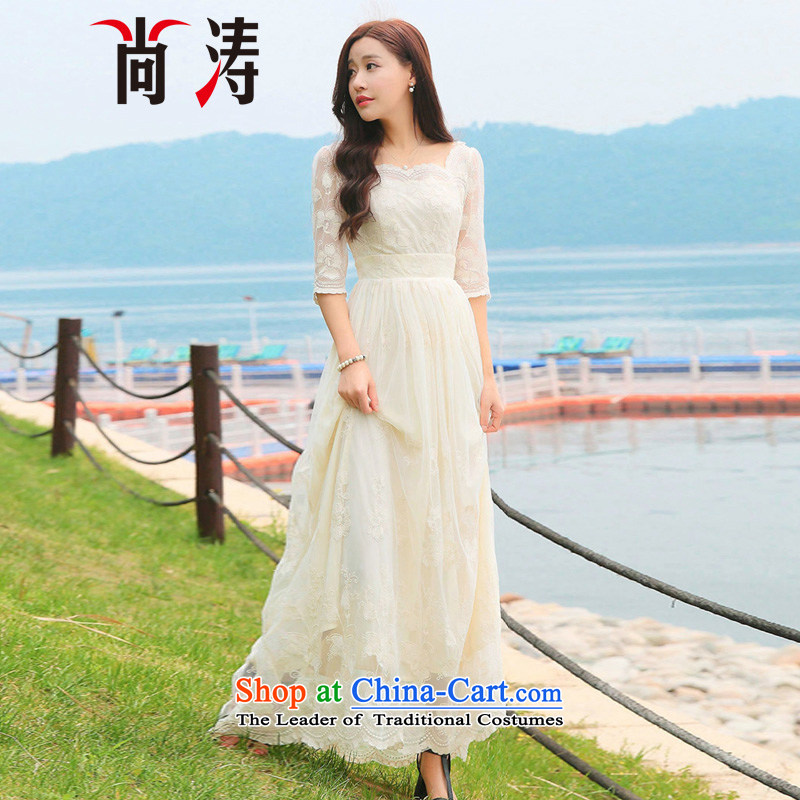 2015 summer is the new flower embroidery lace dresses temperament and stylish dresses short-sleeved fairies skirt long skirt C0017 dress m apricot M is (SHANGTAO) , , , shopping on the Internet