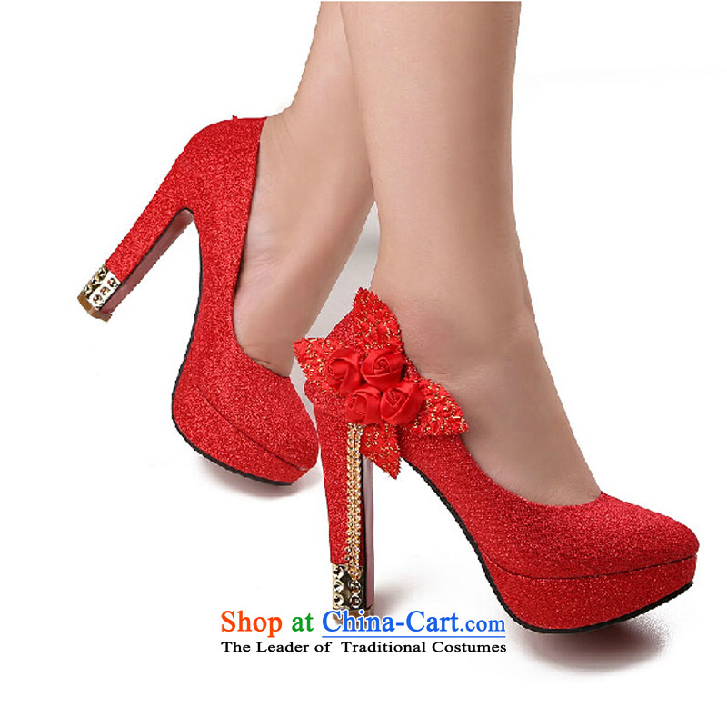 Pure Love bamboo yarn new water-resistant high-heel shoes marriage desktop red marriages ceremony shoes bridesmaid dress shoes 30559 womens single Princess Red?38