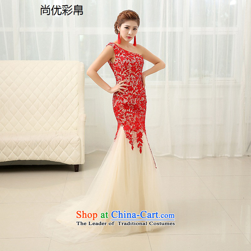 There is also a grand new optimize wedding dress shoulder crowsfoot long gown marriages bows service banquet dinner dress xs1009 Korean RedXL