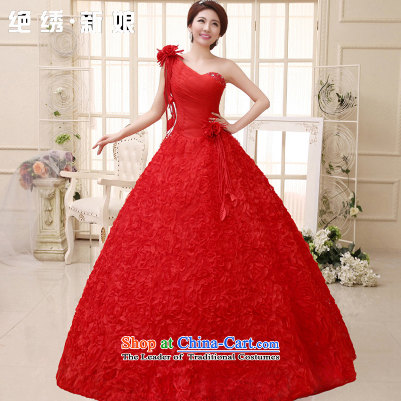 Embroidered bride?2015 won is version wedding dress shoulder flowers sweet Princess Beveled Shoulder to align the wedding red?S