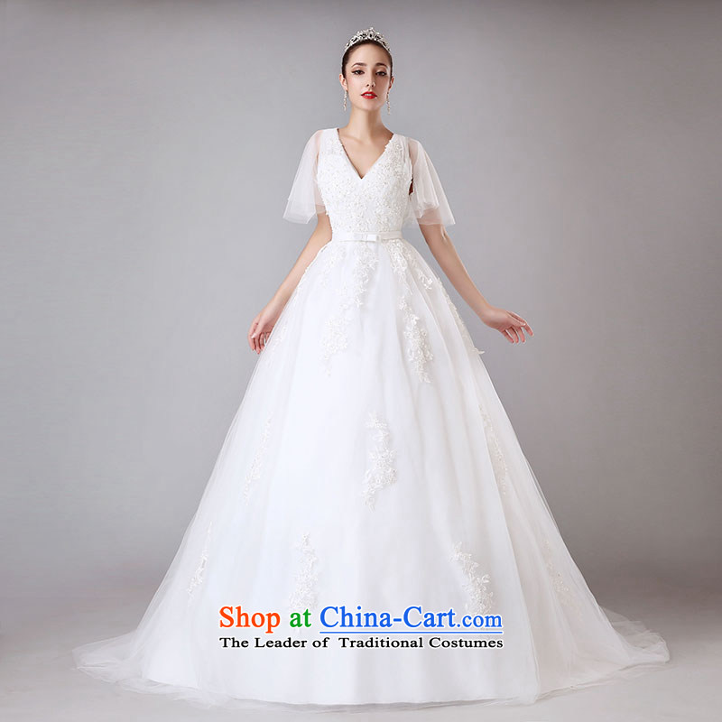 Millennium bride 2015 Summer new word shoulder V-Neck wedding dresses tail marriage with a wedding in cuff H8002 White XL