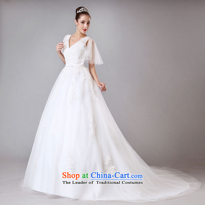 Millennium bride 2015 Summer new word shoulder V-Neck wedding dresses tail marriage with a wedding in cuff H8002 White XL, millennium bride shopping on the Internet has been pressed.