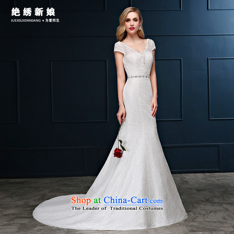 Summer 2015 new Korean shoulders large graphics thin straps crowsfoot Sau San marriages Sau San tail wedding dresses white L 2 feet 1 Suzhou shipment, waist embroidered bride shopping on the Internet has been pressed.