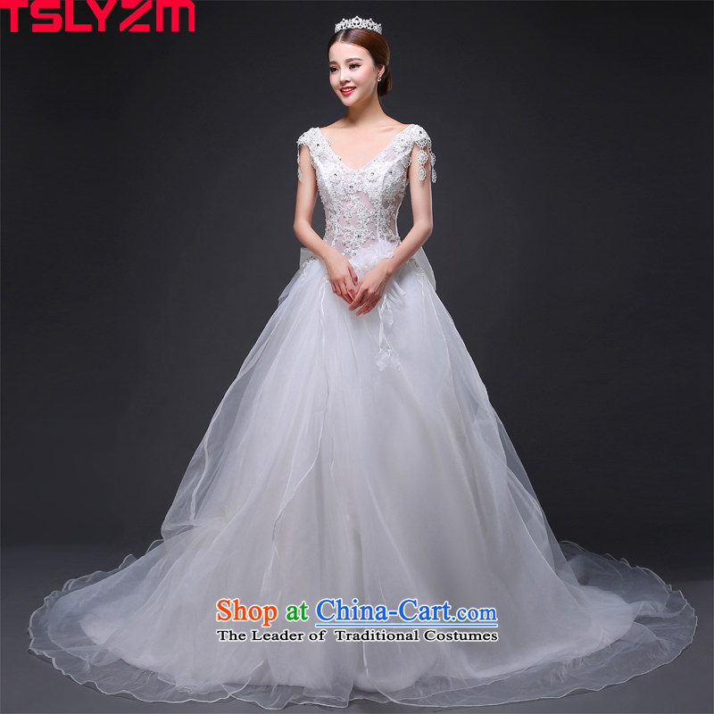 The bride tslyzm shoulders tail wedding dresses new 2015 autumn and winter Korean lace large bow tie V-Neck word fluoroscopy package Shoulder Drill skirt white s,tslyzm,,, water shopping on the Internet