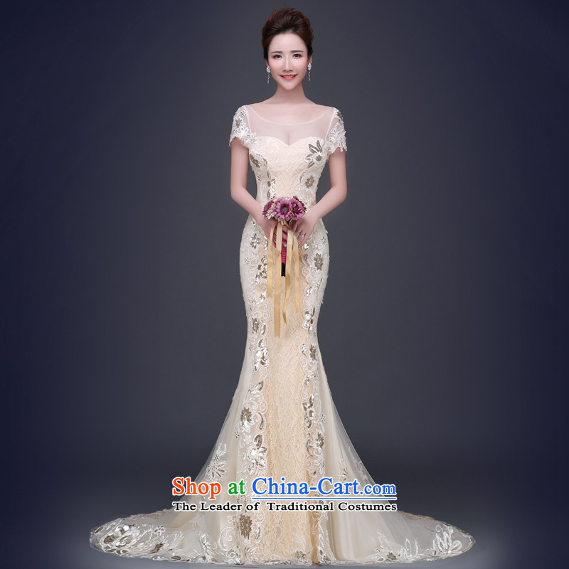 Jie Mija 2015 new stylish slotted shoulder tail wedding dresses summer bride anointed chest Sau San video wedding summer thin champagne color XXL