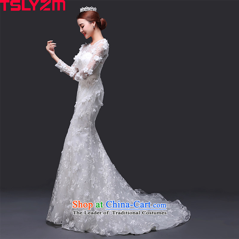Tslyzm crowsfoot wedding dresses small trailing the new 2015 autumn and winter Flower Fairies  round-neck collar long-sleeved Korean style graphics thin flowers Princess Sau San skirt tail) s,tslyzm,,, shopping on the Internet