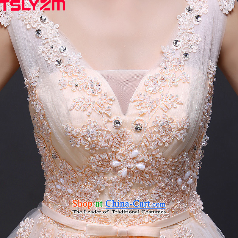 Tslyzm2015 autumn and winter shoulders wedding dresses align with the new to bind marriages V-Neck lace bow tie video thin Diamond light champagne color m,tslyzm,,, shopping on the Internet
