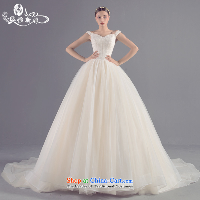 Noritsune bride new Korean lace V-Neck minimalist female wedding champagne color large word tail shoulder custom wedding high-end marriage dedicated dress champagne color XL, noritsune bride shopping on the Internet has been pressed.