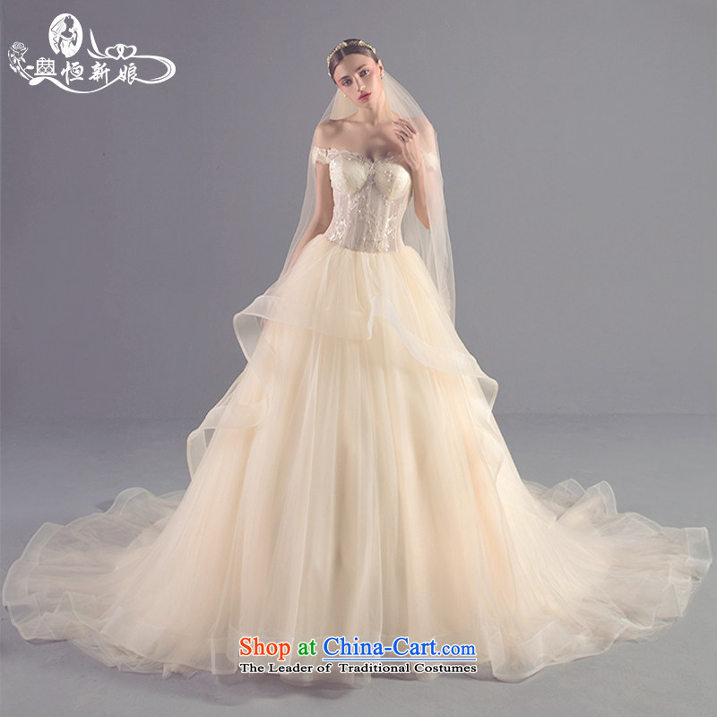 Noritsune bride new 2015 Korean version of large tail fluoroscopy and chest straps wedding word large shoulder wedding Girls High Side Custom) Marriage dedicated dress champagne color S noritsune bride shopping on the Internet has been pressed.