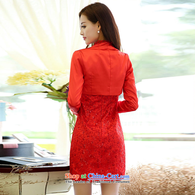 To replace the spring and autumn 2015 female new Korean version of Sau San video thin retro dress jacket small dresses wedding package two kits RED M to xiangzuo (shopping on the Internet has been pressed.)