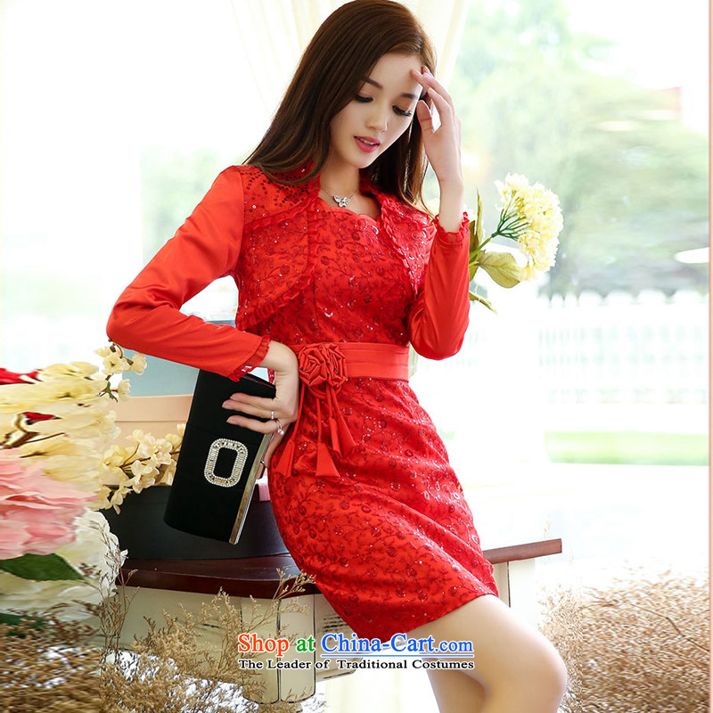 To replace the spring and autumn 2015 female new Korean version of Sau San video thin retro dress jacket small dresses wedding package two kits RED M to xiangzuo (shopping on the Internet has been pressed.)