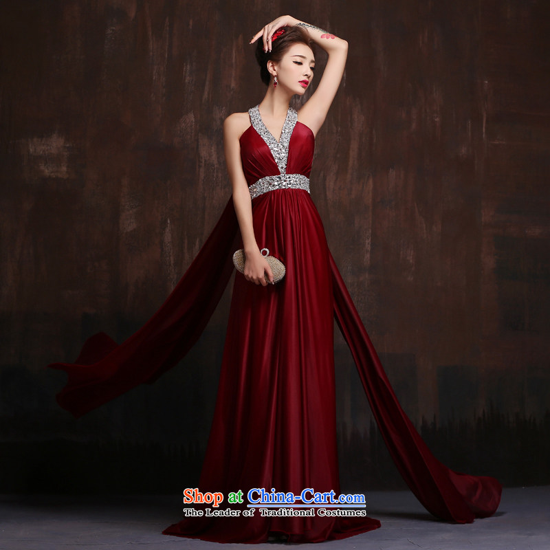 2015 new stylish long red deep bows services V bride moderator will dress Sau San banquet wine red?M
