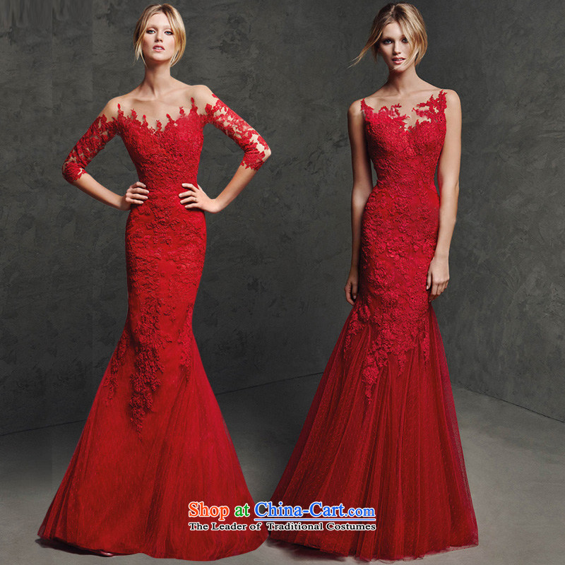 The new Word 2015 shoulder wedding services bows red lace long-sleeved back crowsfoot Sau San evening dresses long marriage wedding long-sleeved) S, plumbing, , , , shopping on the Internet