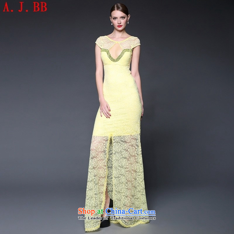 Secretary for Europe and the 2015 summer clothing to load new women lace splicing pin-ju long sexy evening dresses dresses W0230 yellow are code