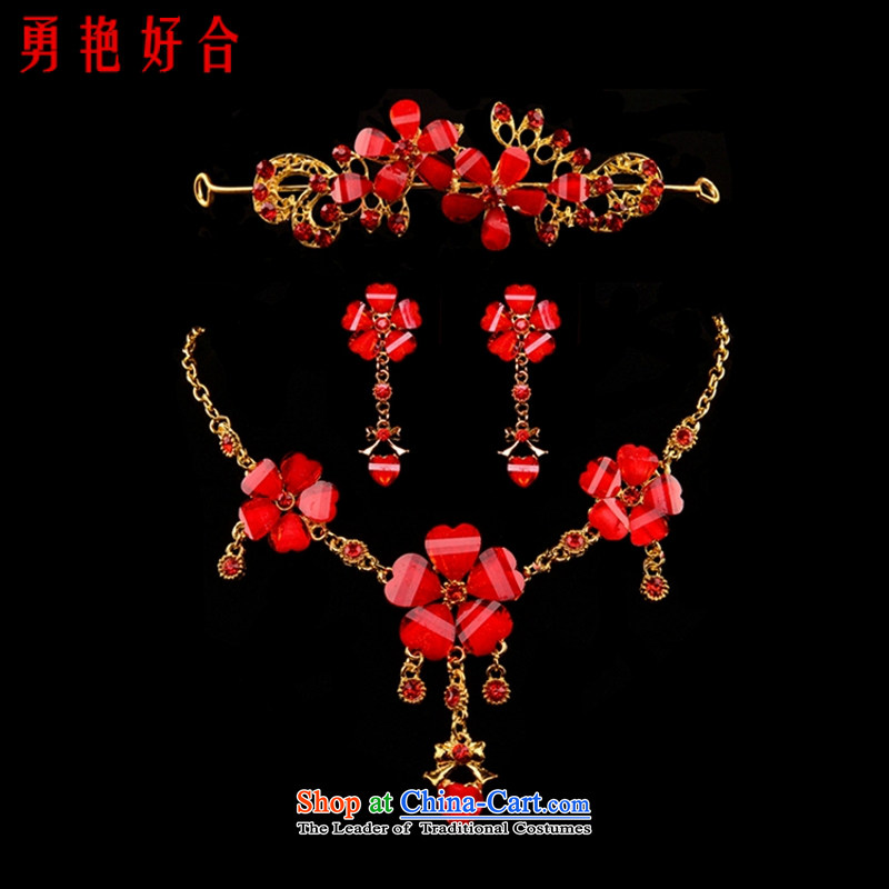 Yong-yeon and bride Head Ornaments kits wedding accessories red water drilling wedding dress clothing accessories for toasting champagne classical necklace jewelry red crown earrings Necklace