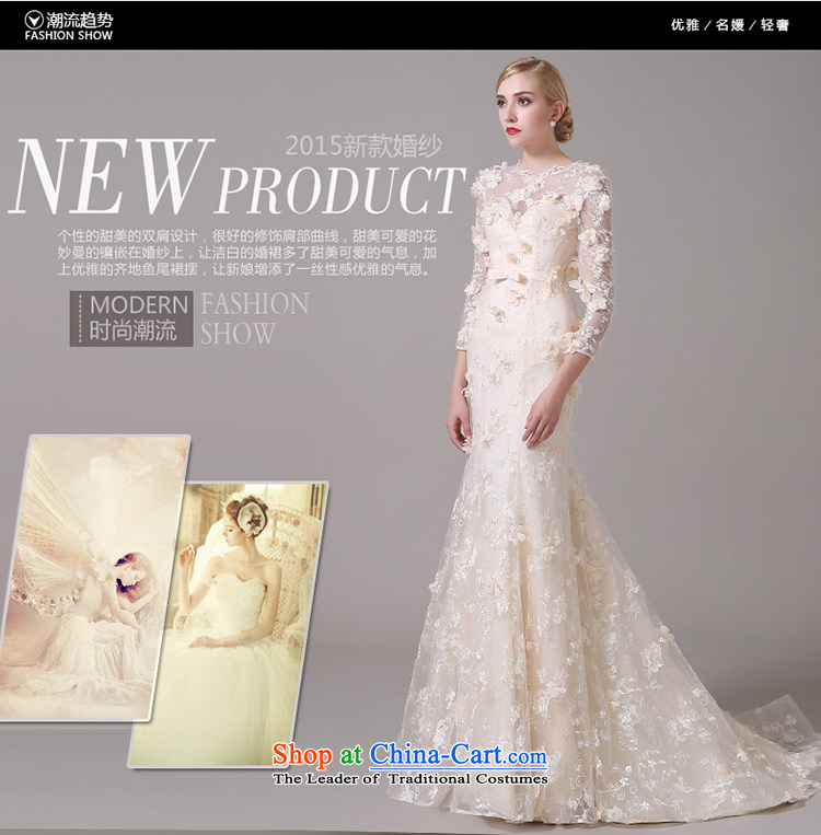 The Korean version of the shoulders, long-sleeved video thin bride crowsfoot champagne color word shoulder lace tail wedding dresses 2015 new champagne color can be made plus $30 does not return pictures, prices, brand platters! The elections are supplied in the national character of distribution, so action, buy now enjoy more preferential! As soon as possible.