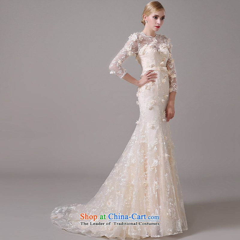 The Korean version of the shoulders, long-sleeved video thin bride crowsfoot champagne color word shoulder lace tail wedding dresses 2015 new champagne color can be made plus $30 does not return, Yi Sang Love , , , shopping on the Internet
