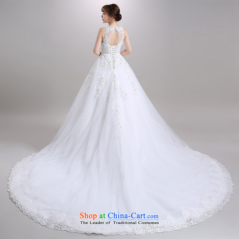 Talk to Her Wedding dress large tail 2015 autumn and winter new round-neck collar Korean romantic video thin large bride to align the wedding white L, overture to Madame shopping on the Internet has been pressed.