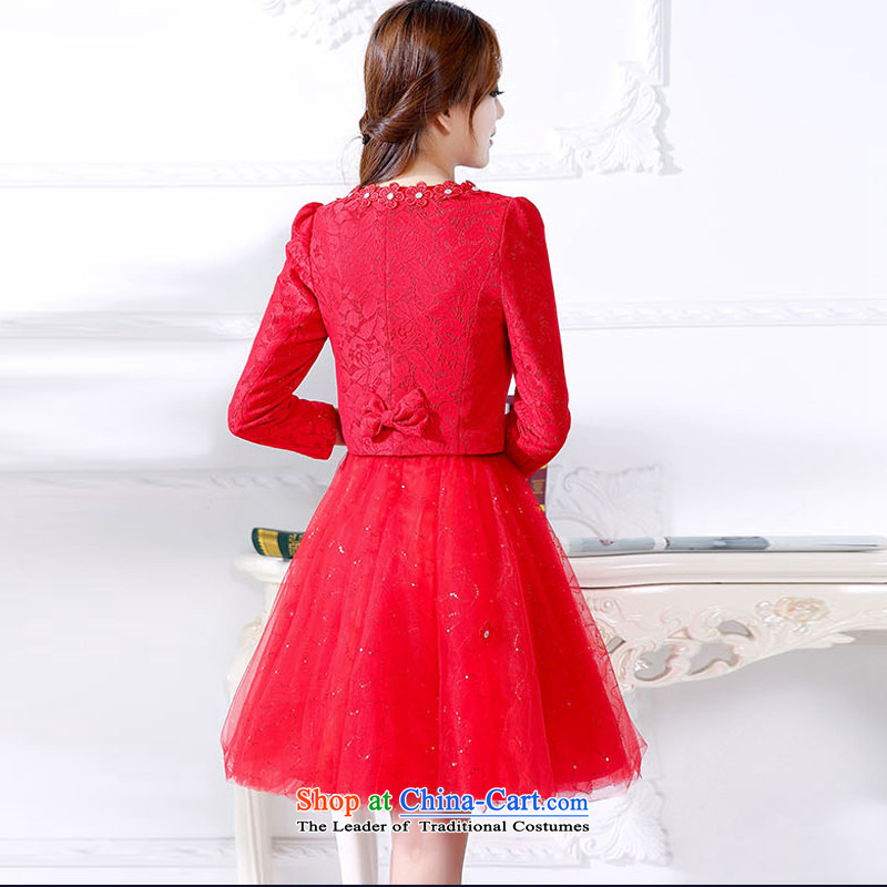 To install the latest autumn and winter 2015 for women Korean leisure neck long skirt small-piece set with two coats wedding dresses RED M to xiangzuo (shopping on the Internet has been pressed.)