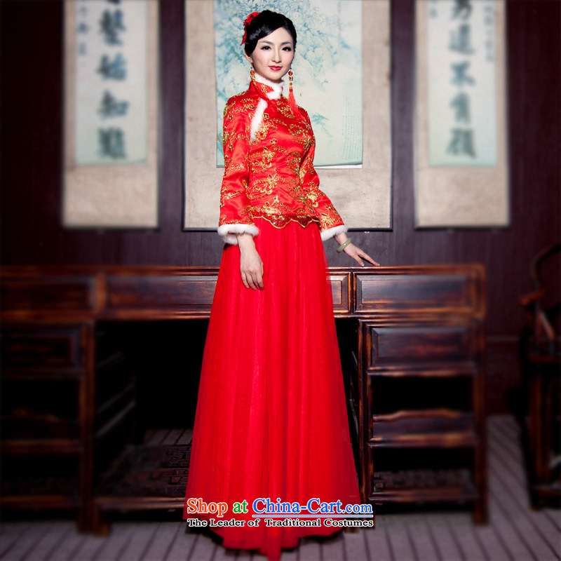 After 2014 the new wind autumn and winter, long gown wedding red bows to marry qipao skirt 2,144 2,144 white collar M ruyi wind gross , , , shopping on the Internet